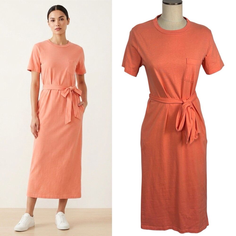 Vintage Lands' End Peach Coral T-Shirt Dress Midi Cotton USA Made Pockets Medium